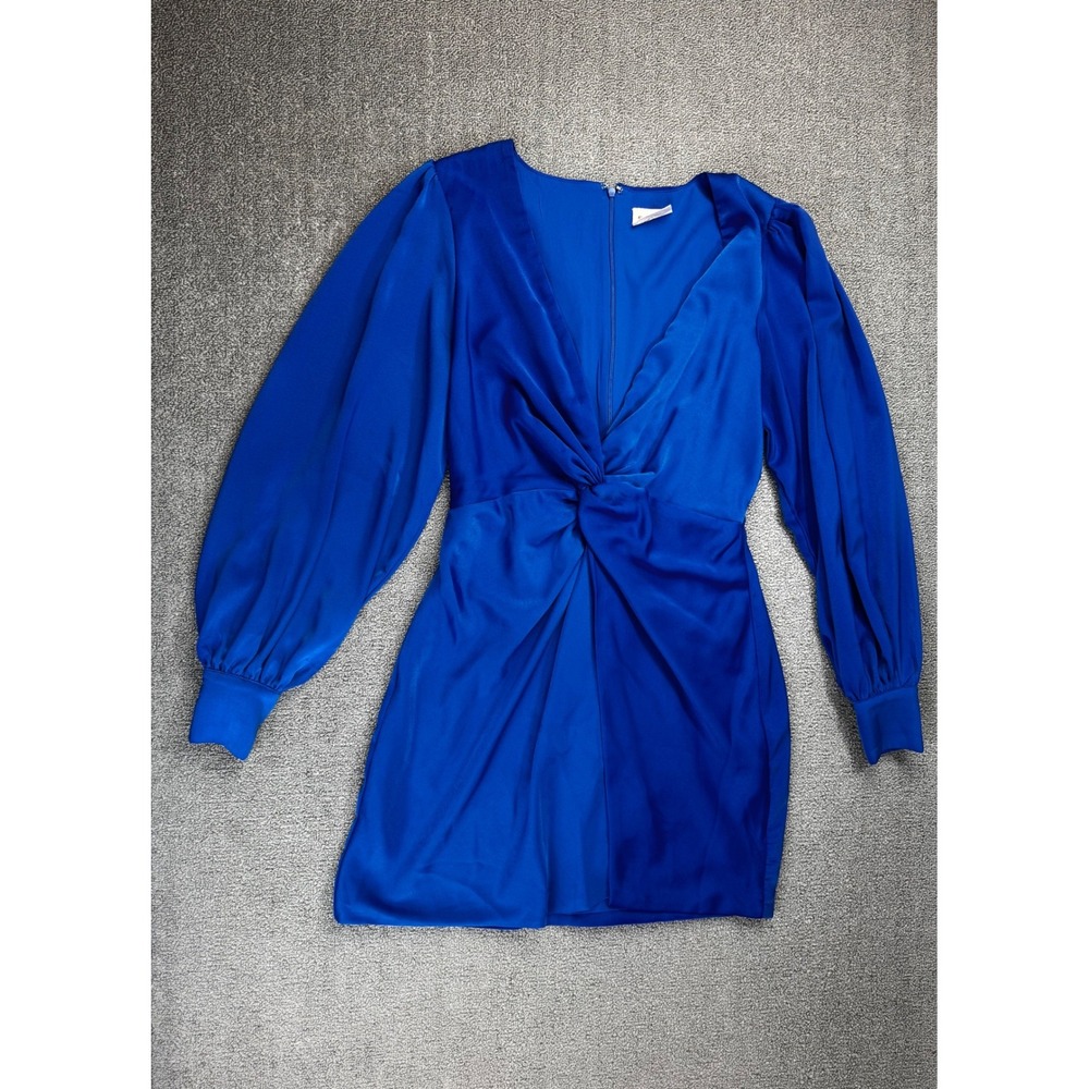 Showpo Dress 6 Royal Blue Satin Twist Front Plunging V-Neck Balloon Sleeve Mini